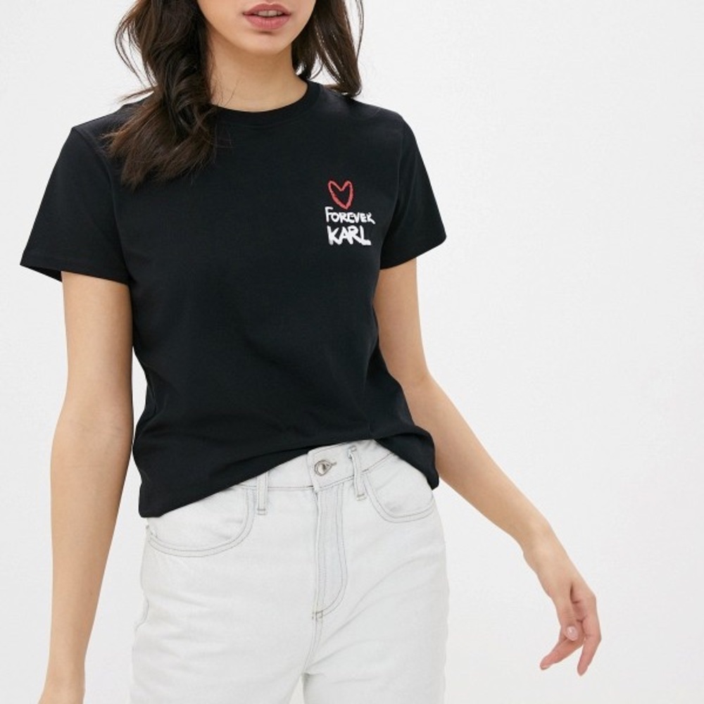 Karl Lagerfeld Forever Karl Black Tee with Red Heart size XS